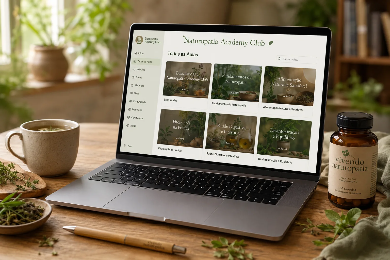 Área de membros do Naturopatia Academy no computador