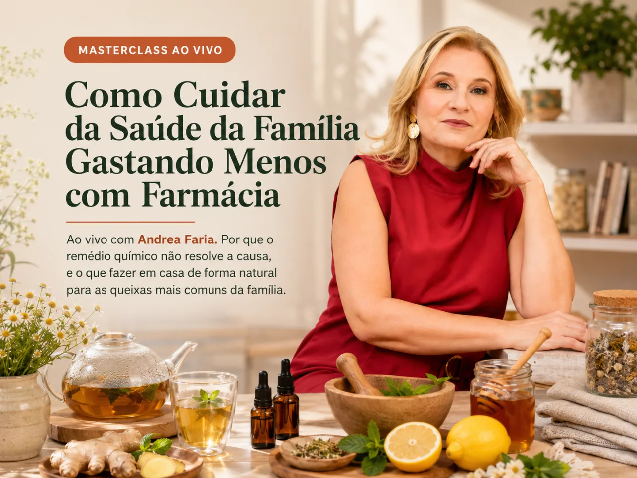 Masterclass ao vivo: Como Cuidar da Saúde da Família Gastando Menos com Farmácia, com Andrea Faria